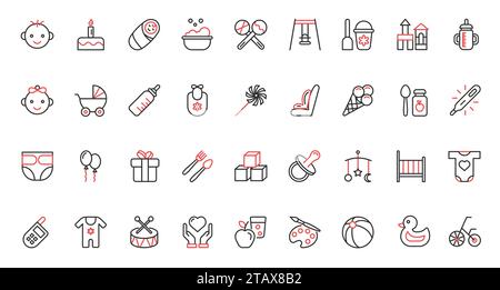 Toys and rattle for game activity of kid, baby care red black thin line icons set. Stock Vector