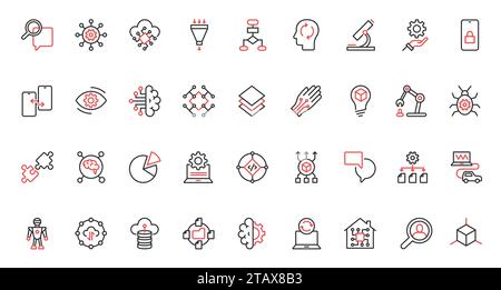 Machine learning thin black and red line icons set vector illustration ...