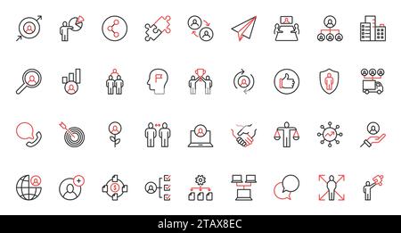 Business cooperation red black thin line icons set, human resource development, problem solving. Stock Vector