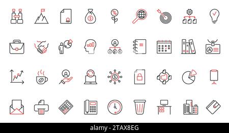 Business vision, success company mission red black thin line icons set, office innovation projects. Stock Vector