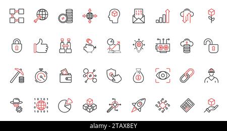Bitcoin, blockchain red black thin line icons set, crypto money in wallet and mining. Stock Vector