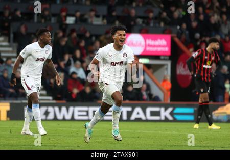 Aston Villa's Ollie Watkins (centre) celebrates scoring their side's second goal of the game during the Premier League match at the Vitality Stadium, Bournemouth. Picture date: Sunday December 3, 2023. Stock Photo