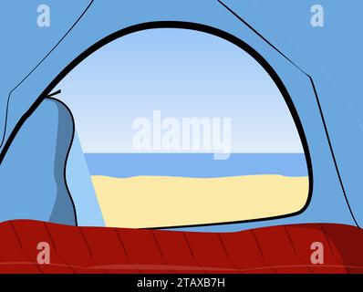 Landscape background view from the tent to a sandy beach and sea. Cozy camping on a seaside. Stock Vector