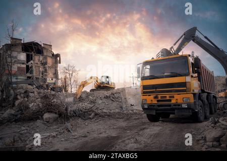 Demolition of a residential building due to damage after mortar fire, Irpin, Ukraine. Stock Photo