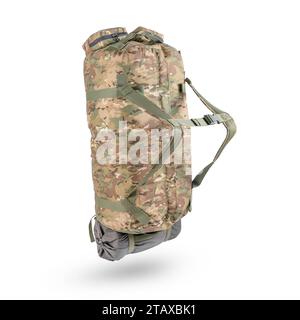 Military bag, military backpack in camouflage, isolated on white. Stock Photo
