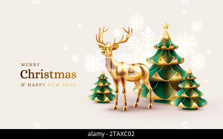 Christmas background. Christmas tree and reindeer, snowflakes winter Xmas background in gold color. Happy New Year. Vector illustration Stock Vector