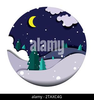 Paper art winter illustration in a circle with snowy hills pine trees and moon.Vector illustration.Winter landscape with modern paper cut style Stock Vector