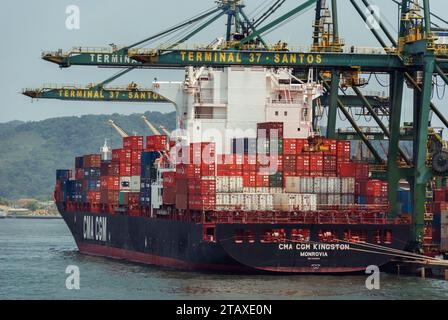 Santos, São Paulo, Brazil. CMA CGM ship Kingston, Monrovia loaded with containers at terminal 37 of the Port of Santos. Stock Photo