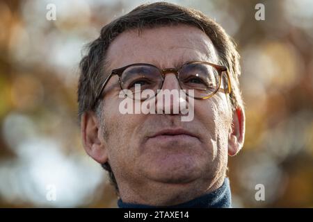 Madrid, Spain. 03rd Dec, 2023. People's Party leader Alberto Nuñez Feijoo during a rally at Temple of Debod. People's Party has organized a rally to protest against the amnesty deal proposed by the Government of socialist party PSOE for people involved with Catalonia's failed independence bid in 2017. Credit: Marcos del Mazo/Alamy Live News Stock Photo