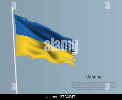 Ragged national flag of Ukraine. Wavy torn fabric on blue background. Realistic vector illustration Stock Vector