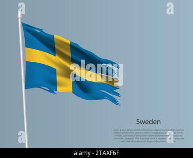 Ragged national flag of Sweden. Wavy torn fabric on blue background. Realistic vector illustration Stock Vector