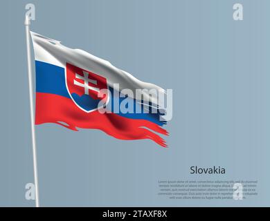 Ragged national flag of Slovakia. Wavy torn fabric on blue background. Realistic vector illustration Stock Vector