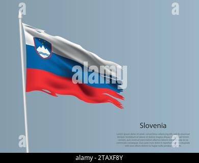 Ragged national flag of Slovenia. Wavy torn fabric on blue background. Realistic vector illustration Stock Vector