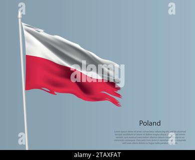 Ragged national flag of Poland. Wavy torn fabric on blue background. Realistic vector illustration Stock Vector