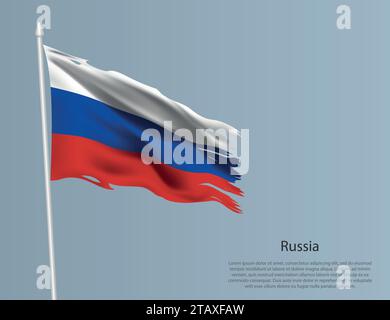 Ragged national flag of Russia. Wavy torn fabric on blue background. Realistic vector illustration Stock Vector