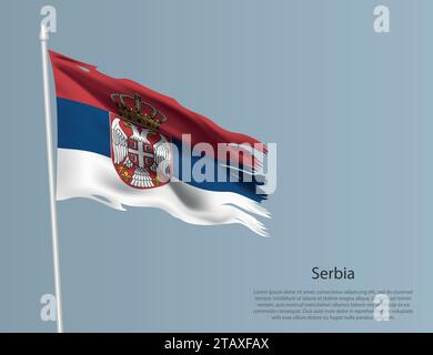 Ragged national flag of Serbia. Wavy torn fabric on blue background. Realistic vector illustration Stock Vector