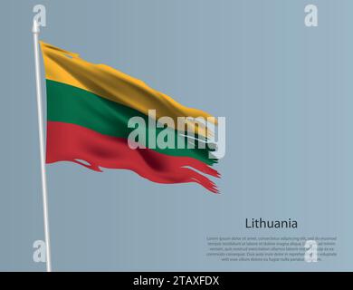 Ragged national flag of Lithuania. Wavy torn fabric on blue background. Realistic vector illustration Stock Vector