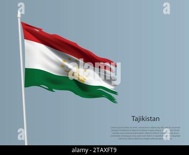 Ragged national flag of Tajikistan. Wavy torn fabric on blue background. Realistic vector illustration Stock Vector