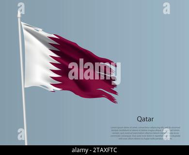 Ragged national flag of Qatar. Wavy torn fabric on blue background. Realistic vector illustration Stock Vector