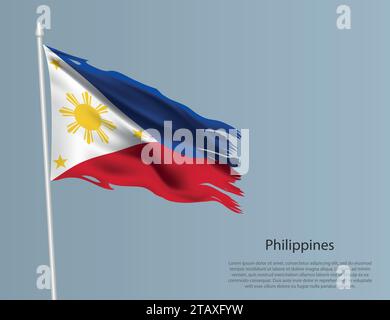 Ragged national flag of Philippines. Wavy torn fabric on blue background. Realistic vector illustration Stock Vector