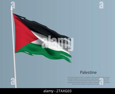Ragged national flag of Palestine. Wavy torn fabric on blue background. Realistic vector illustration Stock Vector