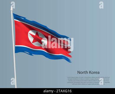 Ragged national flag of North Korea. Wavy torn fabric on blue background. Realistic vector illustration Stock Vector