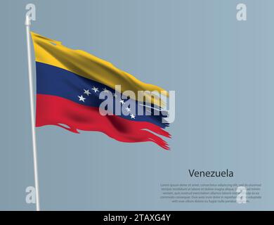 Ragged national flag of Venezuela. Wavy torn fabric on blue background. Realistic vector illustration Stock Vector