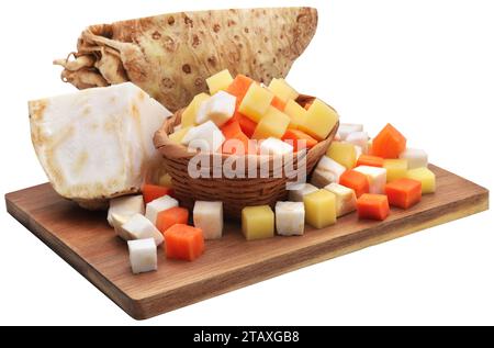 Celery root with piece of potato and carrot for soup preparation Stock Photo