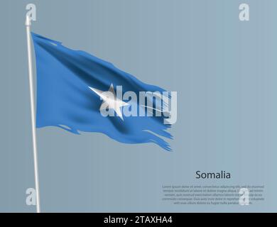Ragged national flag of Somalia. Wavy torn fabric on blue background. Realistic vector illustration Stock Vector