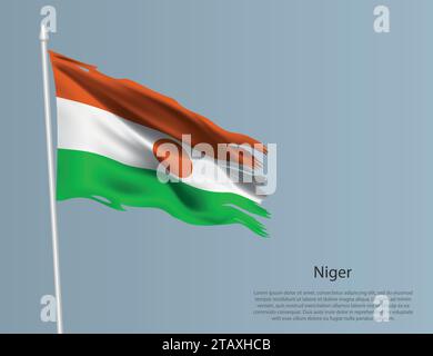 Ragged national flag of Niger. Wavy torn fabric on blue background. Realistic vector illustration Stock Vector