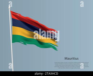 Ragged national flag of Mauritius. Wavy torn fabric on blue background. Realistic vector illustration Stock Vector