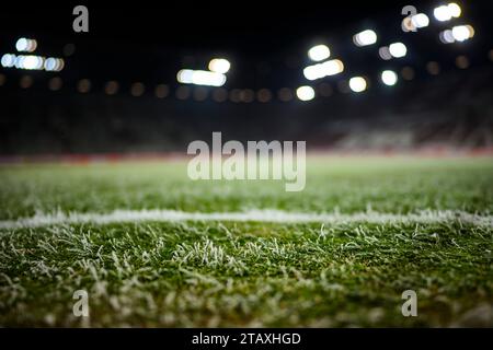 Augsburg, Germany. 03rd Dec, 2023. Soccer: Bundesliga, FC Augsburg - Eintracht Frankfurt, Matchday 13, WWK Arena. Frozen turf in the WWK Arena. Credit: Tom Weller/dpa - IMPORTANT NOTE: In accordance with the regulations of the DFL German Football League and the DFB German Football Association, it is prohibited to utilize or have utilized photographs taken in the stadium and/or of the match in the form of sequential images and/or video-like photo series./dpa/Alamy Live News Stock Photo