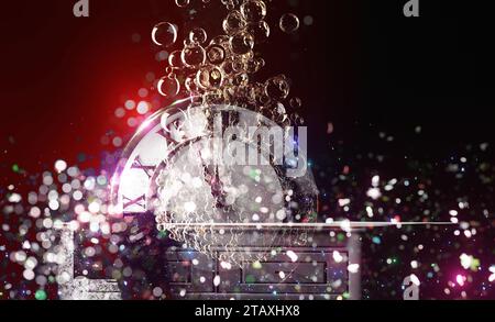 Abstract surreal clock on glitter background. New Year background. Stock Photo