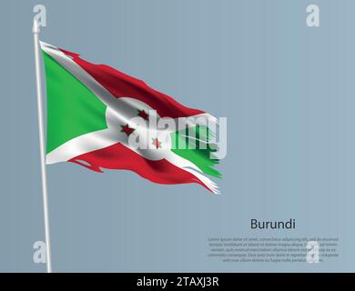 Ragged national flag of Burundi. Wavy torn fabric on blue background. Realistic vector illustration Stock Vector