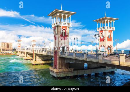 Famous Stanley Bridge over the sea on the beach of Alexandria, Egypt Stock Photo