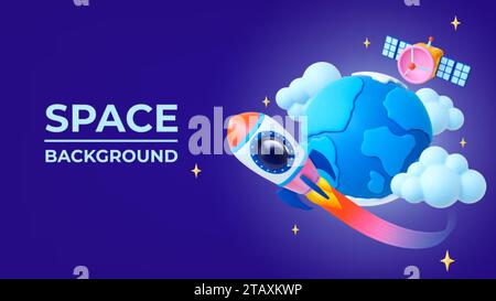 Cartoon 3d space banner. Universe plastic elements, earth planet, satellite and flying spaceship. Cosmic adventures, pithy vector background Stock Vector