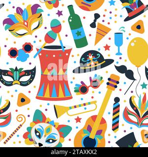 Carnival elements seamless pattern. Festival flat masks, masquerade and party background. Bright fabric print template, decent vector graphic design Stock Vector
