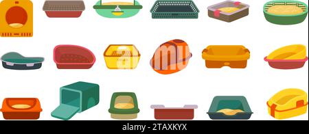 Pets toilet. Domestic hygiene for animals, cats sandboxes cartoon icons. Pet shop goods, isolated litter boxes for kittens neoteric vector set Stock Vector