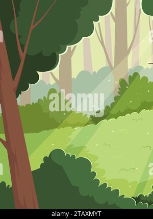 Sunlight in forest. Sunshine morning among lush trees cartoon background wood daylight enchanted nature vector illustration Stock Vector