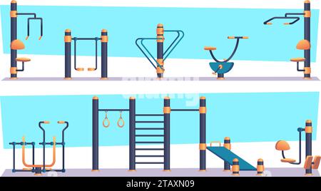 Outdoor workout. Gym machine in urban park exact vector sport equipment Stock Vector