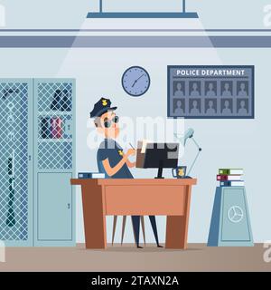 Police station. Interior of police department characters sitting at table Stock Vector