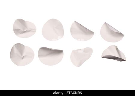 Round white stickers, blank tags labels isolated on a white background. Top view. Stock Photo
