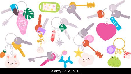 Keys with funny keychains. Flat key hand on keyring. Property and cars elements. Kawaii holders and children pendants, racy vector collection Stock Vector