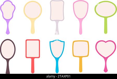 Mirror icons set. Isolated flat mirrors for makeup or hairstyling. Beauty cosmetics accessories, handheld elements in color frames, racy vector Stock Vector