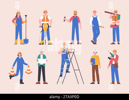 Construction characters in helmets and uniform. Builders at work, male and female employees. Repairmen, road workers, splendid vector clipart Stock Vector