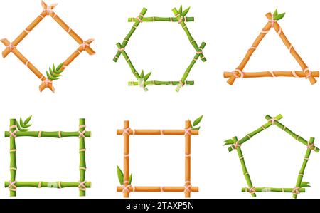 Bamboo cartoon frames. Wooden asian sticks, green stems banners. Chinese or japanese decorative style elements, nowaday vector graphic design Stock Vector
