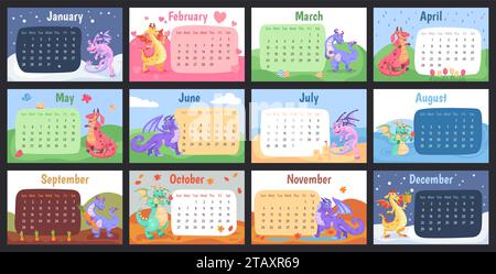 Cartoon dragon calendar. Wall calendars cute funny dragons content, chinese zodiac 2024 year symbol poster print template, happy monster animal character vector illustration of cartoon calendar design Stock Vector