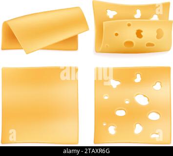 Realistic cheese slices. Cheeses square slice with holes, isolated sliced piece cheddar or swiss emmental, dairy food meal product for eating breakfast nowaday vector illustration of slice cheese food Stock Vector
