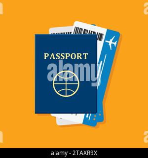 Passport with tickets on orange. Passport and tickets travel, tourism business vacation, trip pass tourist flight symbol. Holiday passport and tickets Stock Vector