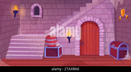 Castle basement. Underground dungeon secret room inside, ancient prison door entrance medieval vault architecture interior rpg game concept background vector illustration of medieval ancient basement Stock Vector